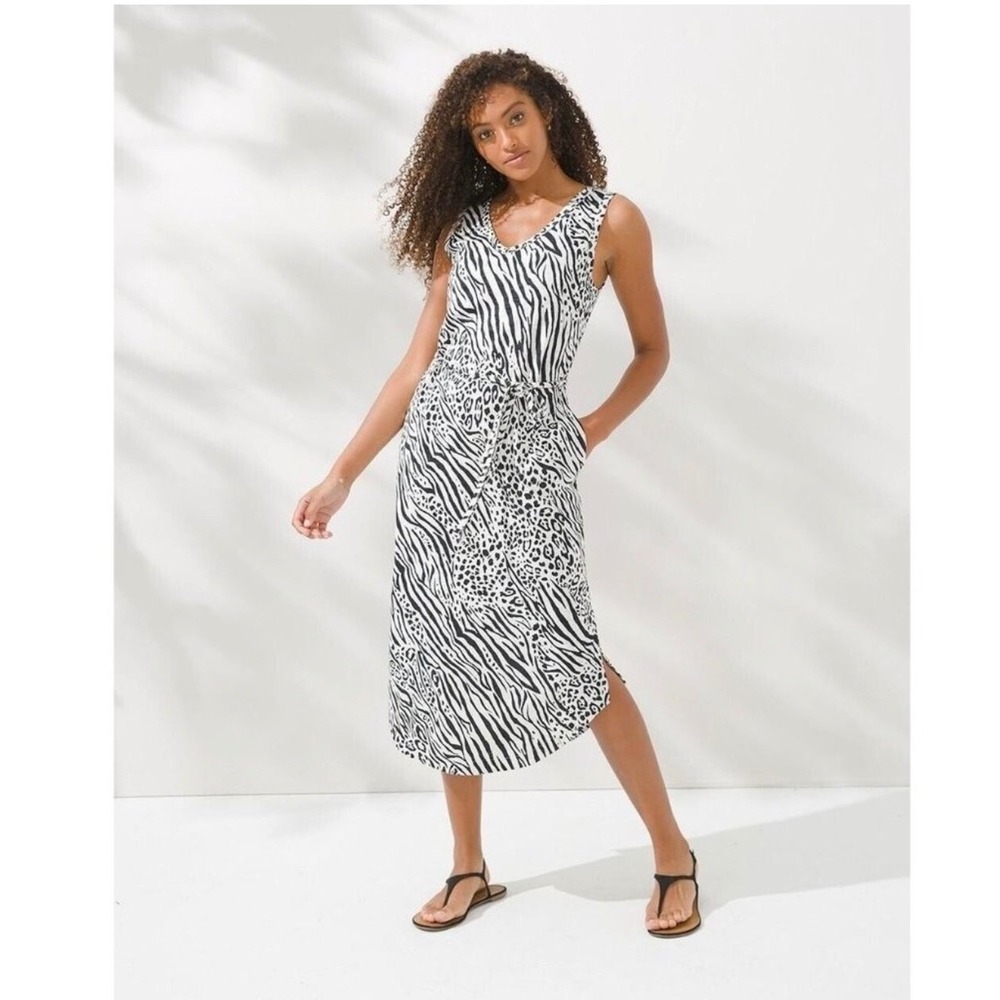 Soma WKND Animal Print Sleeveless Midi Dress Large Black White Tie Waist Pockets